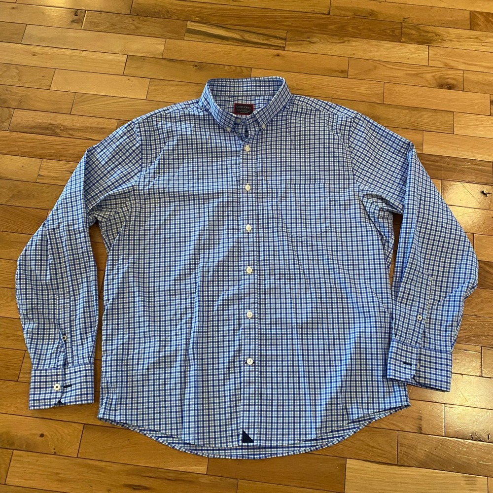 UNTUCKit Mens XL Performance Gingham Button Down Shirt Blue White Long Sleeve‎
